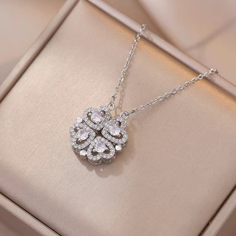 Women's Steel Cross Chain Open Close Four-leaf Flower Necklace