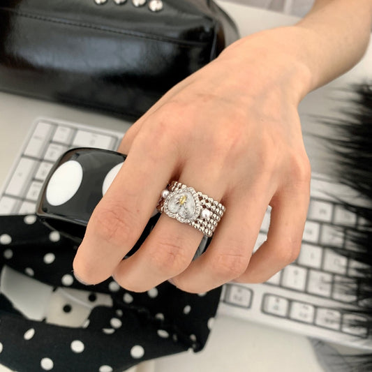 Style Twin Pearl Heart Female Opening Adjustable Rings