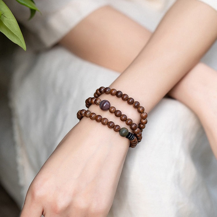 Women's & Men's Double Circle Golden Sandalwood Wooden Buddha Beads Couple Retro Hand Bracelet