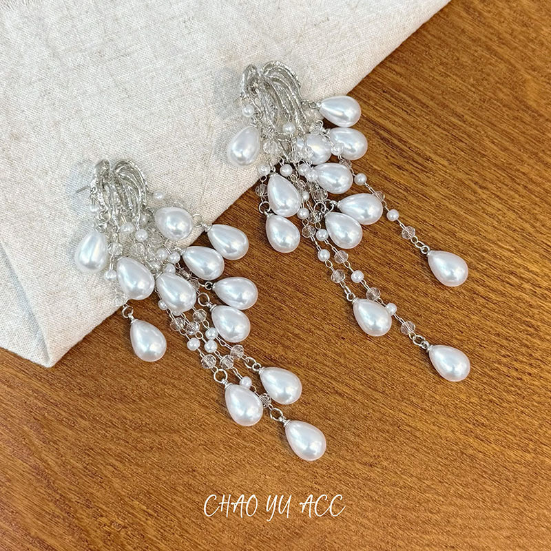 French Entry Lux Pearl Waterfall Tassel Fashion Niche Design Earrings