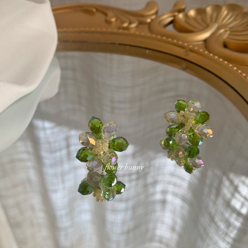 Tea Under The Moon Handmade Beaded Green Crystal Glass Ear Earrings
