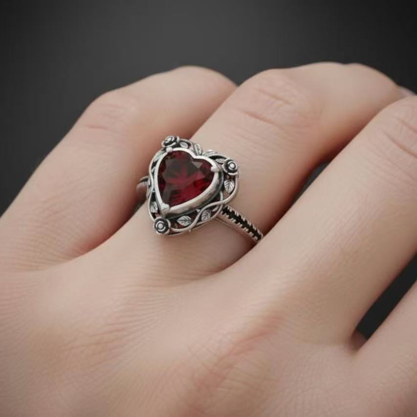 Women's Rose Red Love Heart-shaped Alloy Inlaid Rings