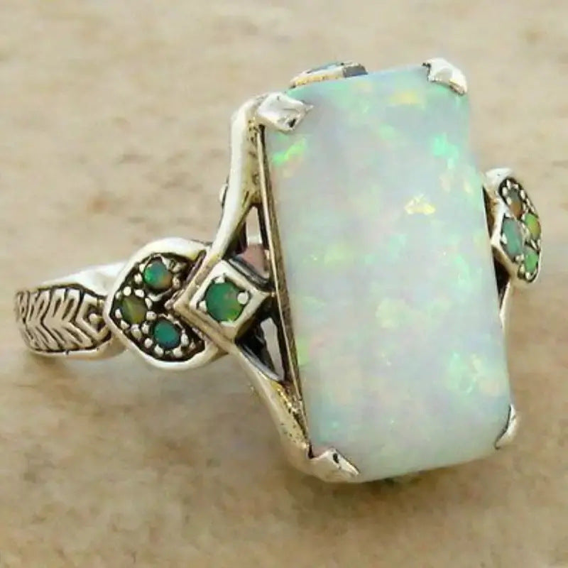 Square White Opal Ancient Sier Bride Lady Wedding Rings