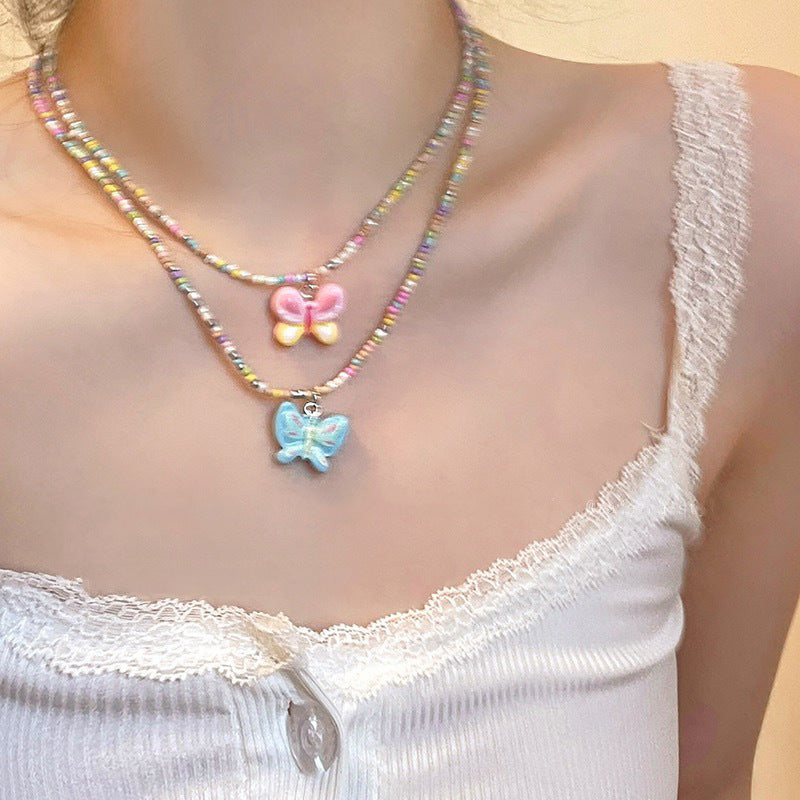 Women's Retro Butterfly Flower Beaded Light Luxury Minority Necklaces