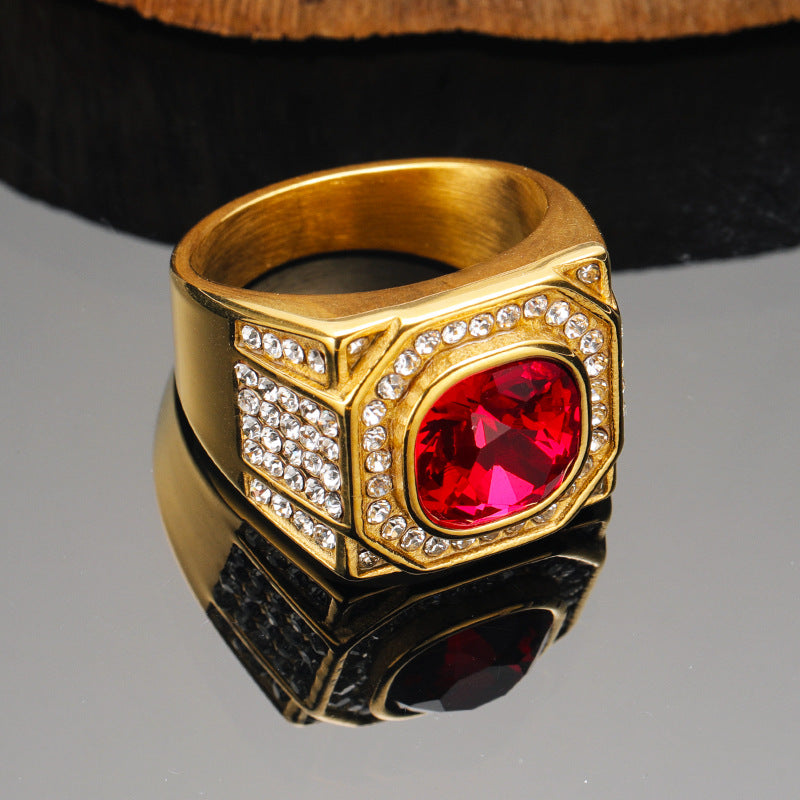 Men's Fashion Hip Hop Light Luxury Inlaid Round Zircon Titanium Steel Ring