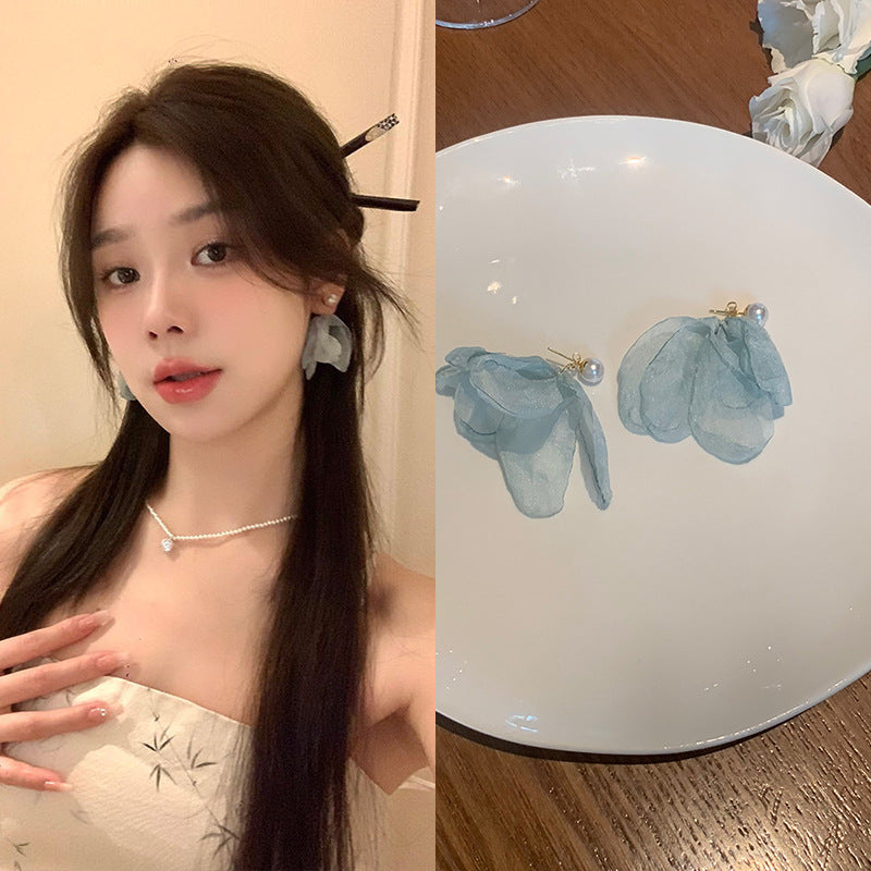 Summer Seaside Flower Chiffon Pearl High-grade Vacation Style Sier Earrings