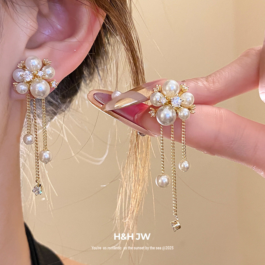 Zircon Tassel Pearl Flower Elegant Wild Light Luxury High-grade Design Earrings