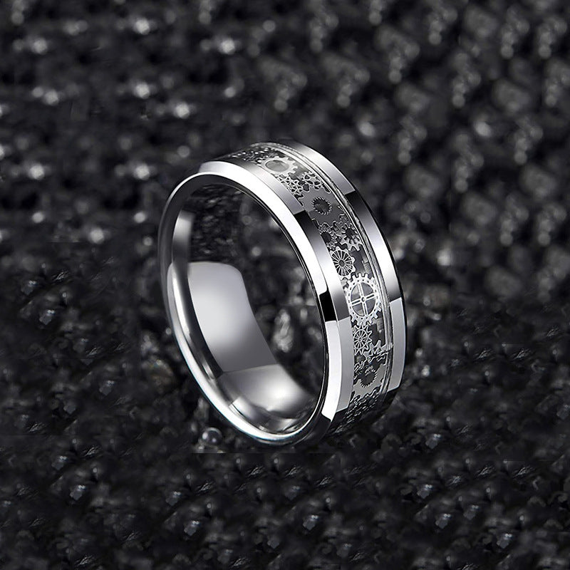 Men's Black Plated Carbon Fiber Titanium Steel Gear Rings