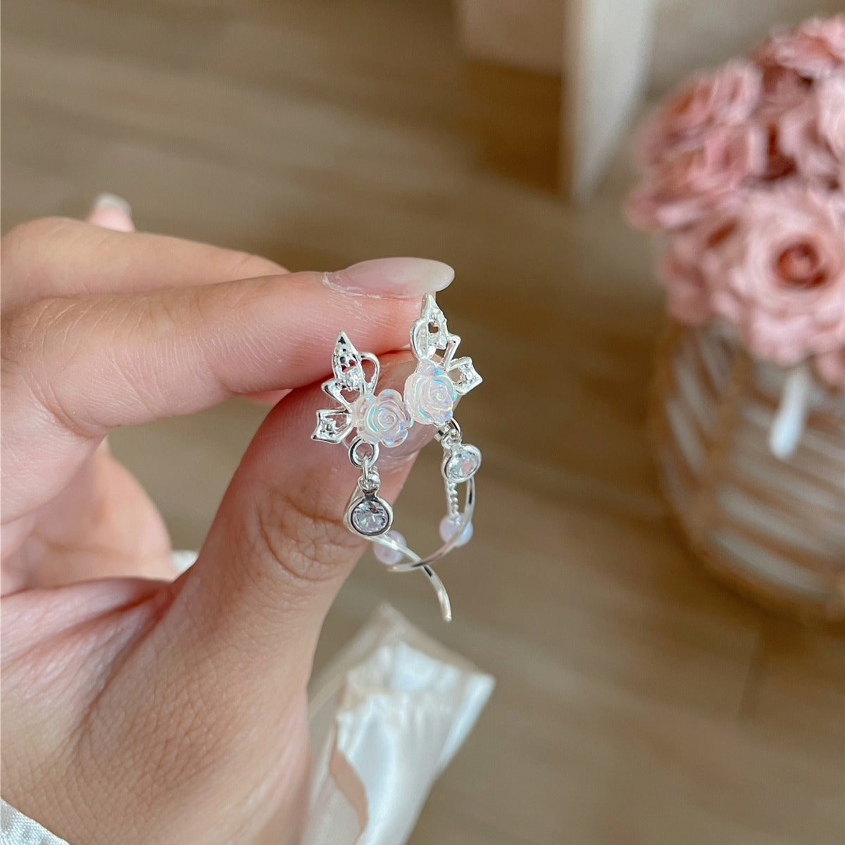 Women's Cold Feeling Peach Pink Roses Butterfly Spring Tassel Unique Stud Earrings