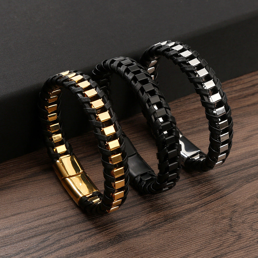 Men's Personality Stainless Steel Woven Leather Vintage Bracelet