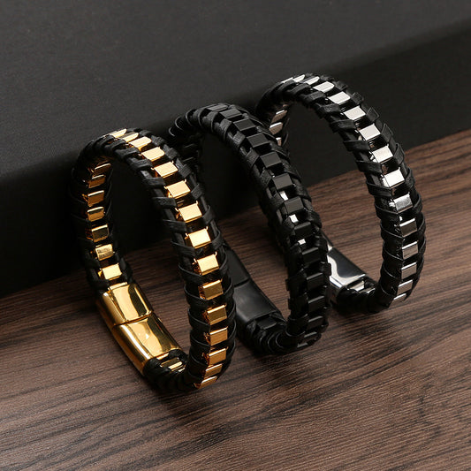 Men's Personality Stainless Steel Woven Leather Vintage Bracelet