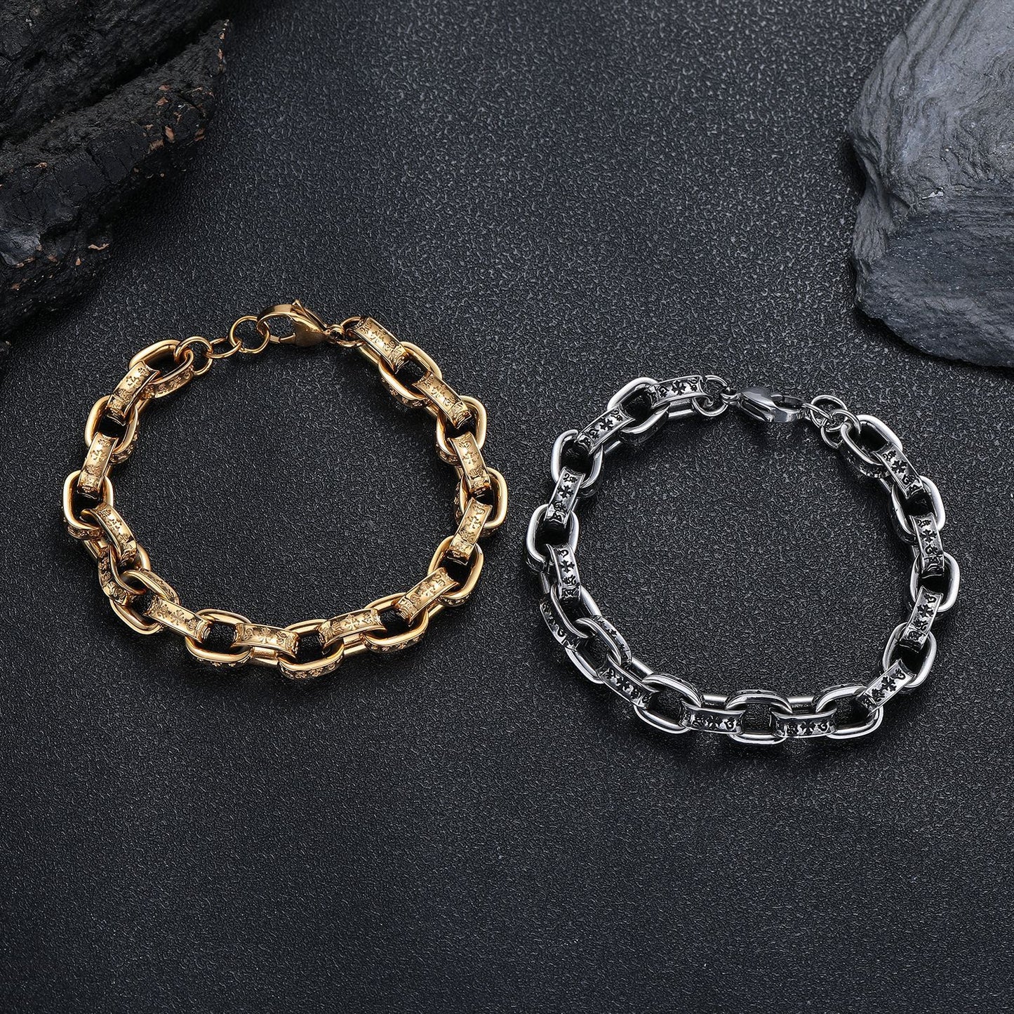 Women's & Men's Retro Titanium Steel Dice Cruciate Flower Simple Hip Hop Gold Bracelet