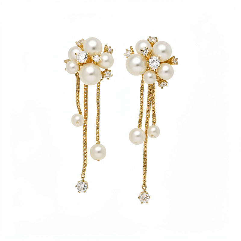 Zircon Tassel Pearl Flower Elegant Wild Light Luxury High-grade Design Earrings