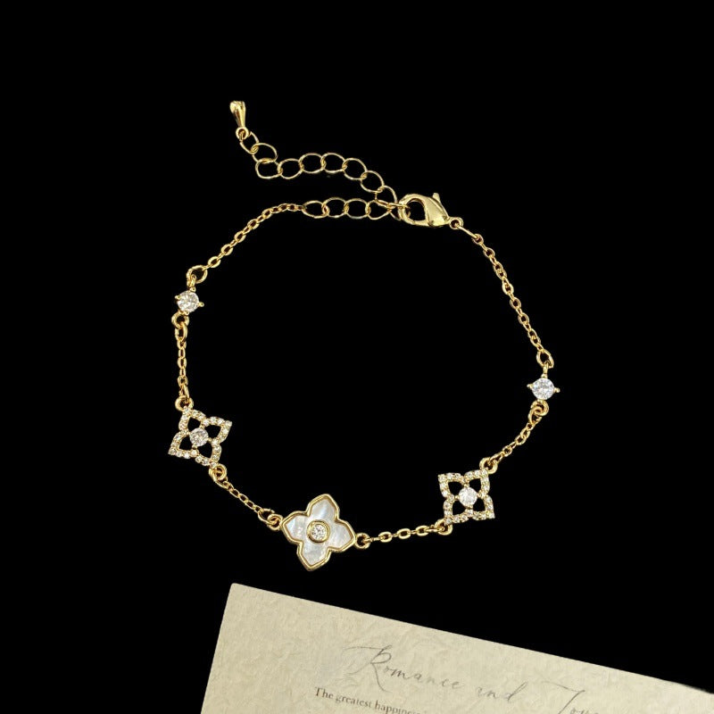 Four-leaf Flower Classic Style Light Luxury Beautiful Square Full Diamond Bracelet