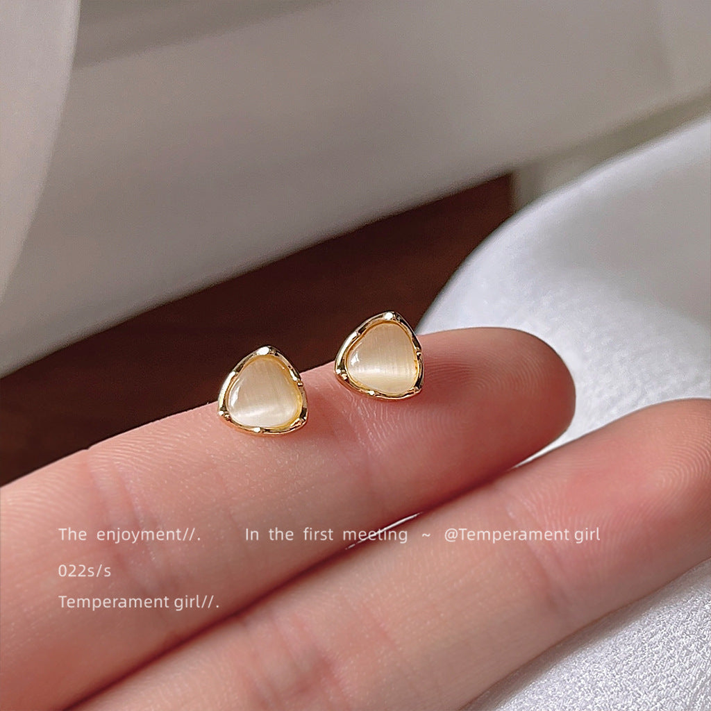 Sier-plated Geometric Triangle Glass Opal Stone Ear Small Stud Earrings