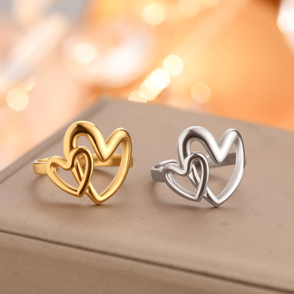 Steel Sweet Double Love Heart-shaped Female Geometric Line Rings