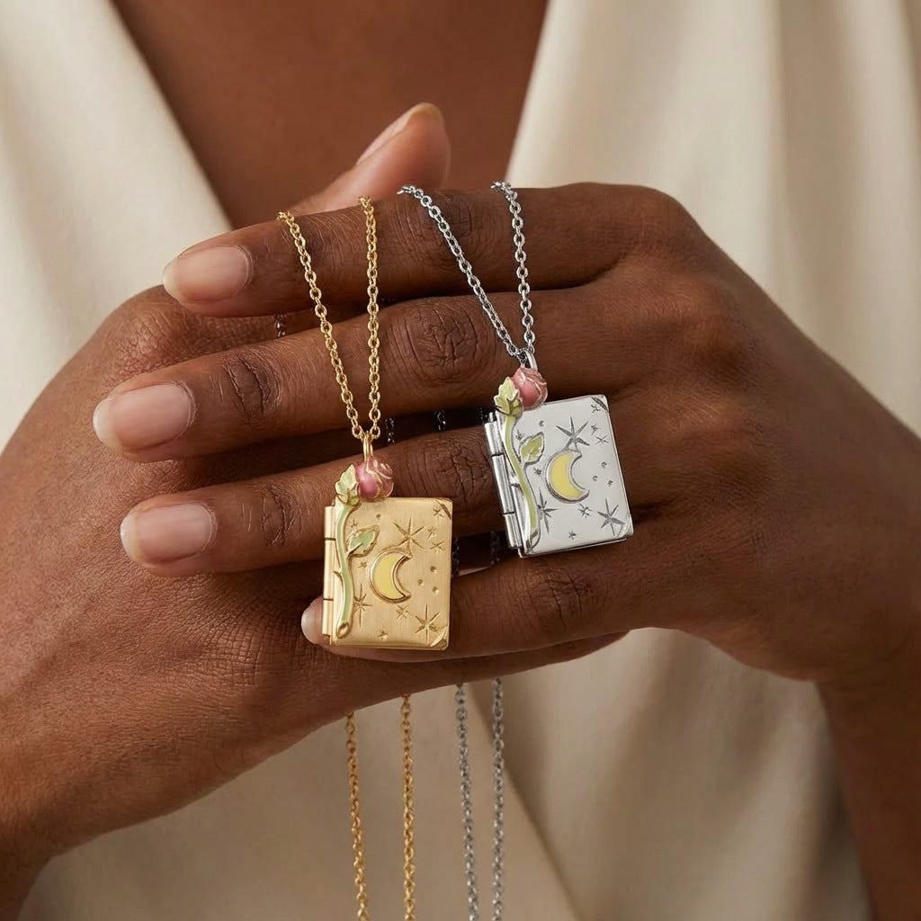 Gold Sier Star Moon Three-dimensional Rose Book Necklaces
