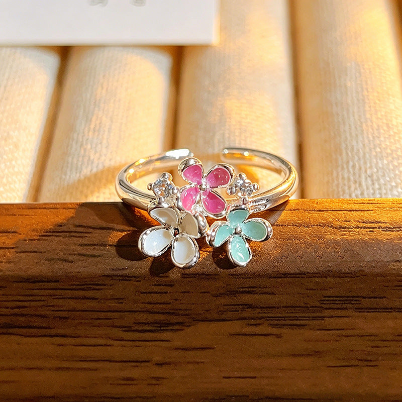 Cherry Blossoms Colorful Enamel Open Gentle Sweet Niche Flower Rings