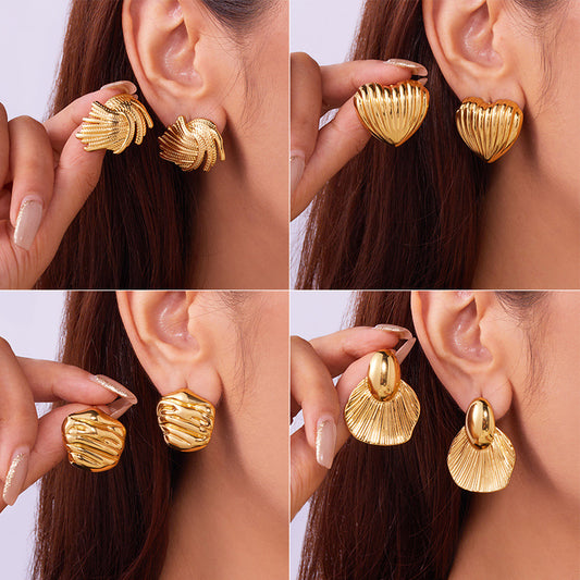 Women's Style Retro Titanium Steel Pleated Texture Vortex Stainless Earrings