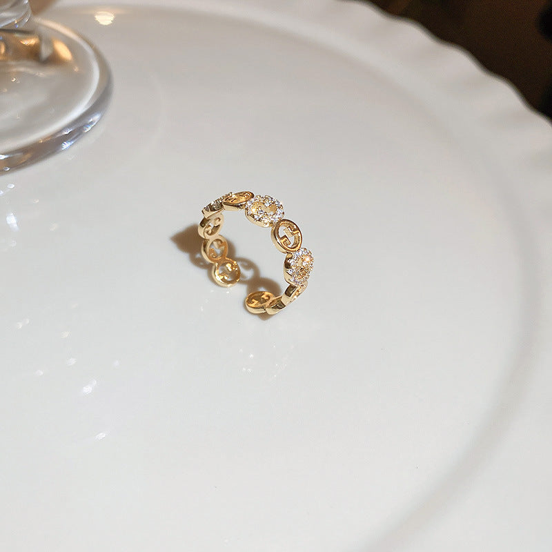 Real Gold Electroplated Zircon Buckle Light Luxury High Sense Index Ring