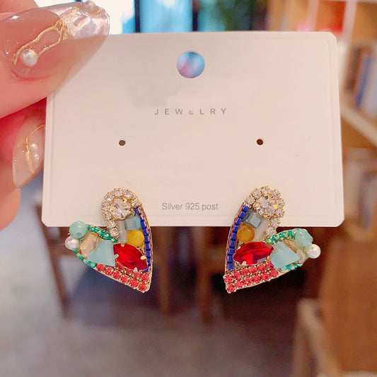Fashion Handmade Crystal Love Heart Unique Design Sier Stud Earrings