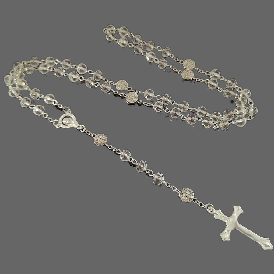 Crystal Cross Rosary Long Sweater Chain Necklace