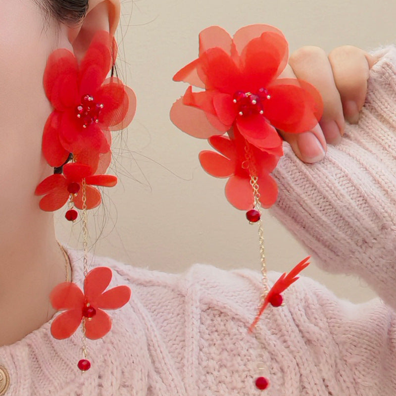 High-grade Tulle Flower Beaded Petals Tassel Long Exquisite Beautiful Temperament Earrings
