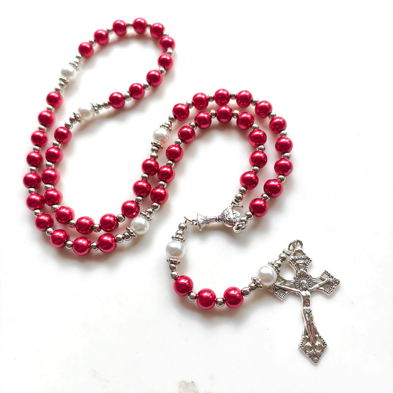 Glass Pearl Handmade Beaded Cross Long Necklaces