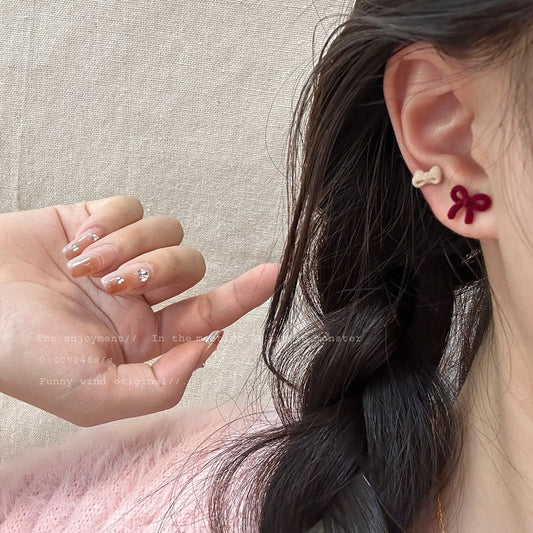 Red Flocking Cute Bear Ear Suit Earrings