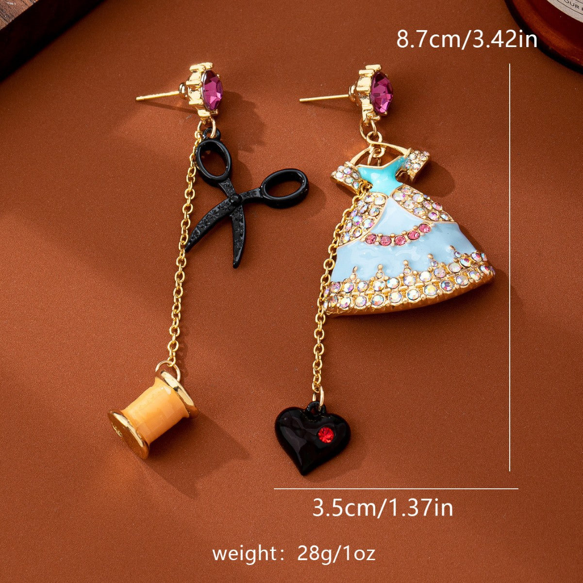 Fairy Tale Style Asymmetric Princess Dress Scissors Spool Black Peach Earrings