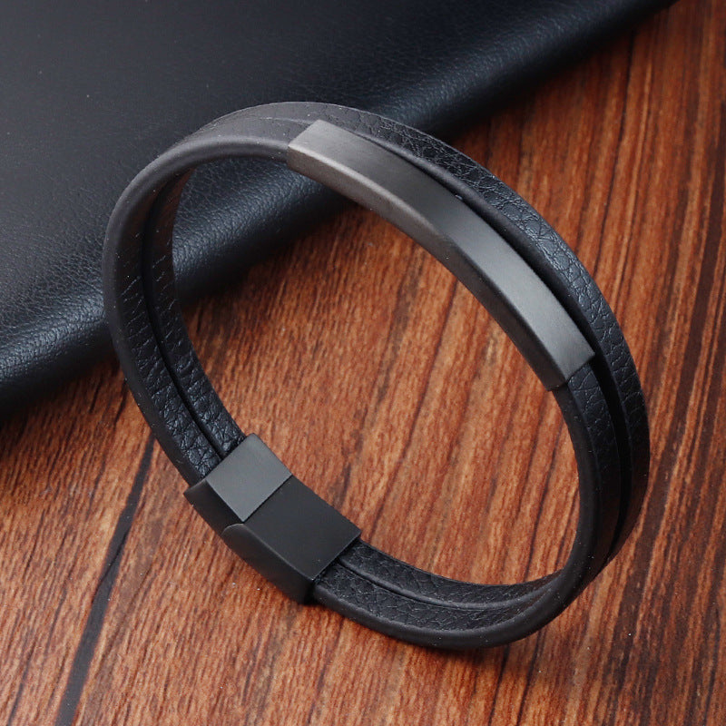 Men's Minimalist Creative Titanium Steel Leather Double Bracelet