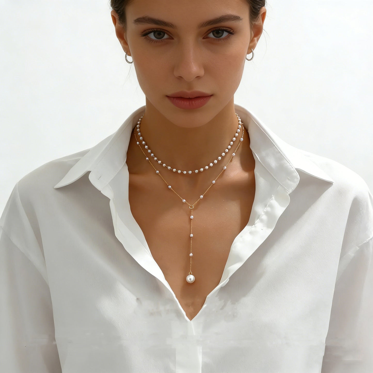Women's Elegant Imitation Pearl Gold Cross Y-shaped Beaded Twin Clavicle Necklace