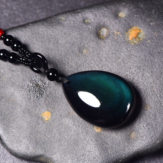 Men's Natural Rainbow Eye Obsidian Water Drop Chain Couple Pendants