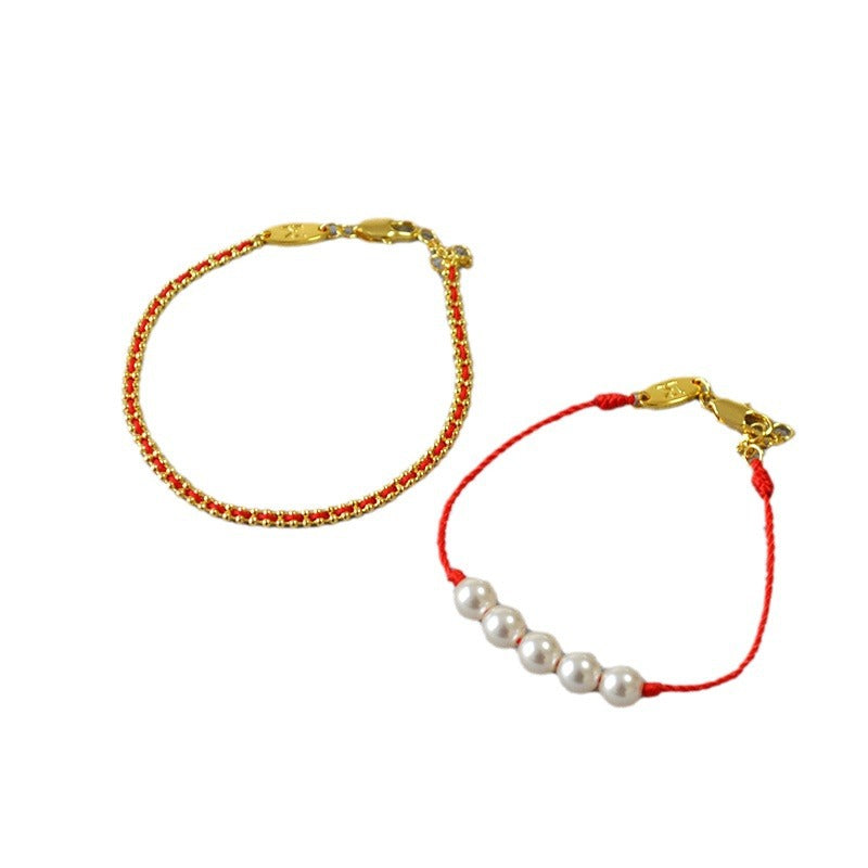 Life Gift Festive Hand-woven Red Rope Pearl Bracelets