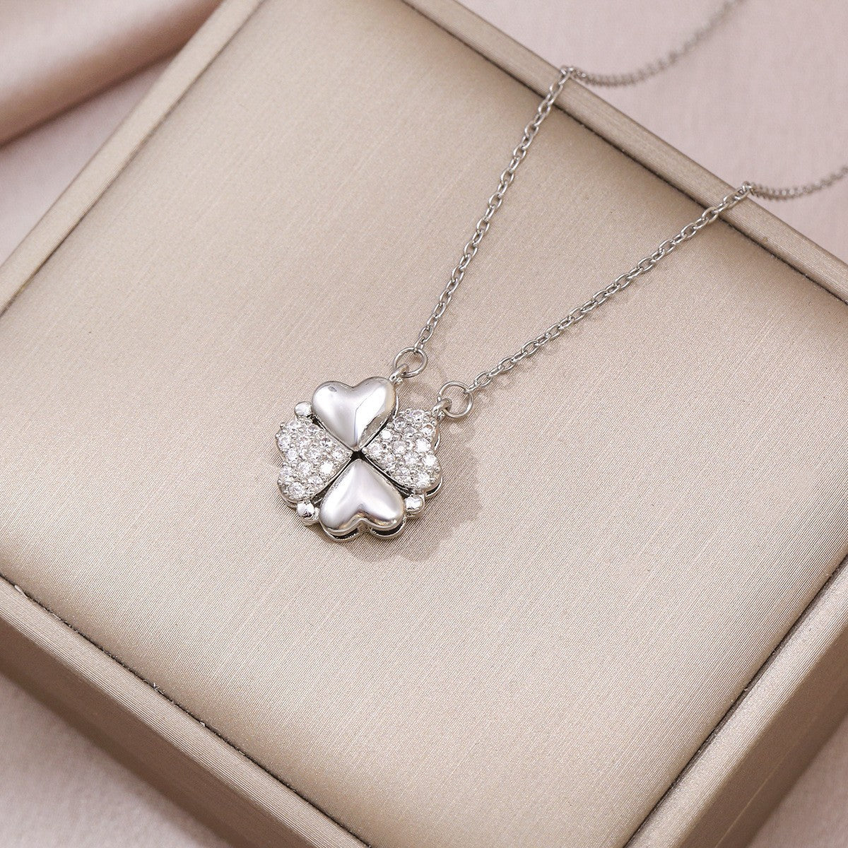 Women's Steel Cross Chain Open Close Four-leaf Flower Necklace