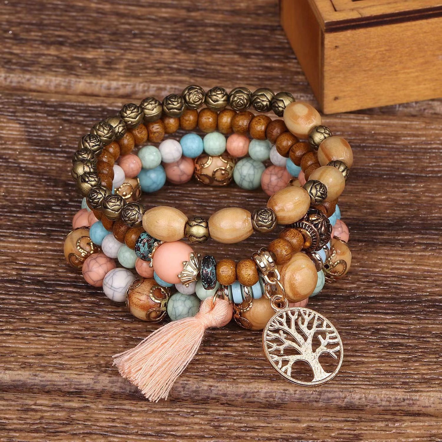 Bohemian Style Wooden Bead Beaded Elastic Bracelets