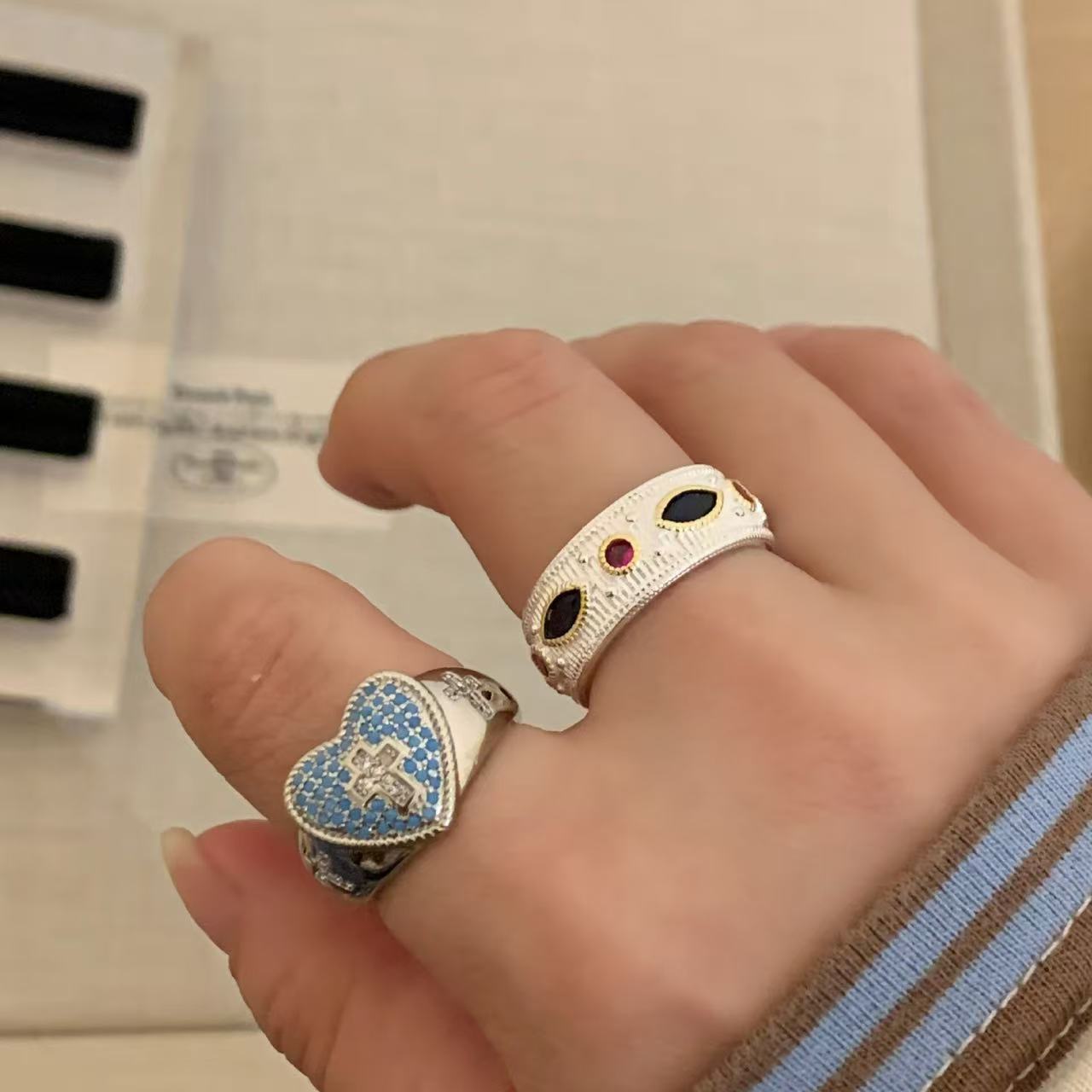 Korean Style Blue Cross Lace Niche Color Zirconium Ring