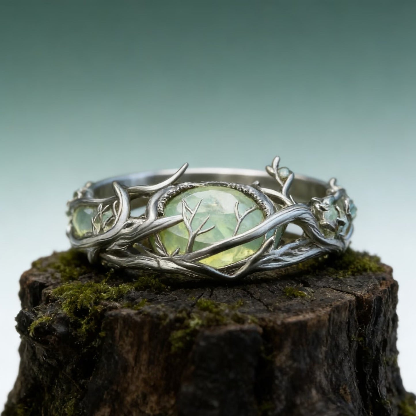 Craft Retro Personality Oval Jade Inlaid Malachite Branches Rings
