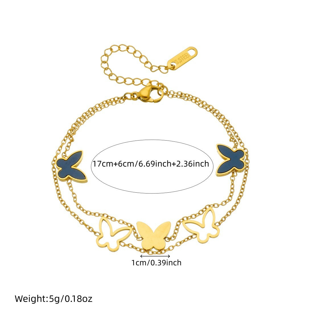 Women's Pierced Black Butterfly Chain Stainless Steel Gold-plated Bracelet