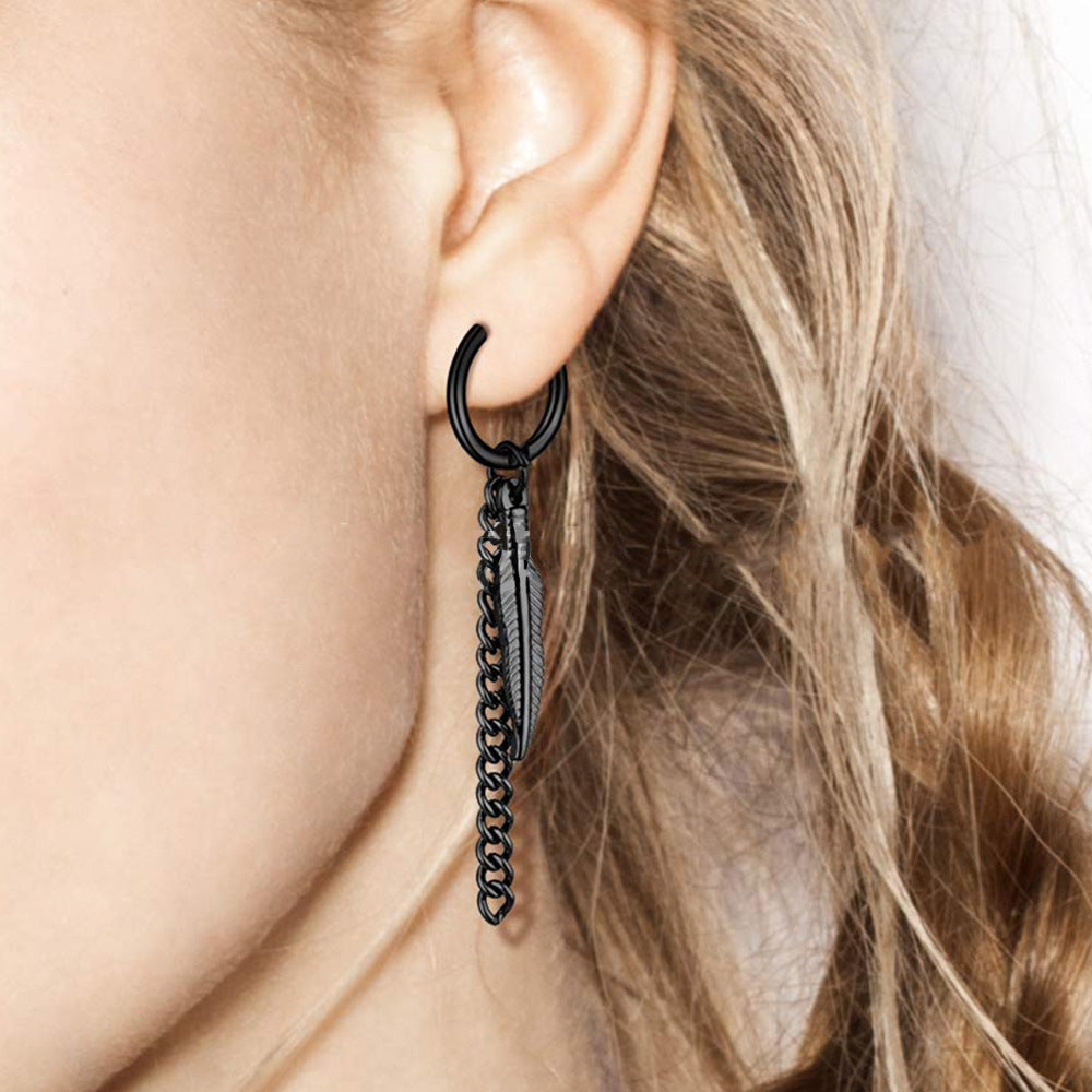 Titanium Steel Ear Chain Clip Leaf Tassel Earrings
