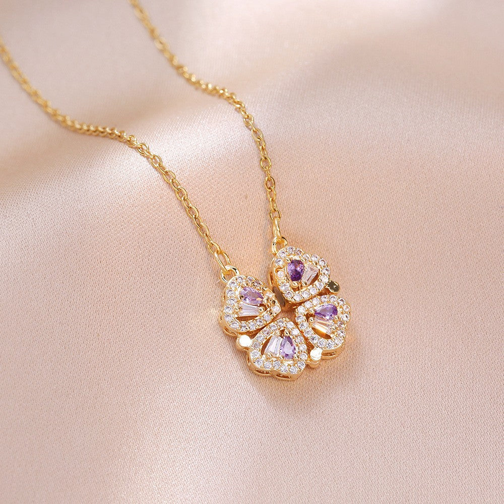 Women's Steel Cross Chain Open Close Four-leaf Flower Necklace