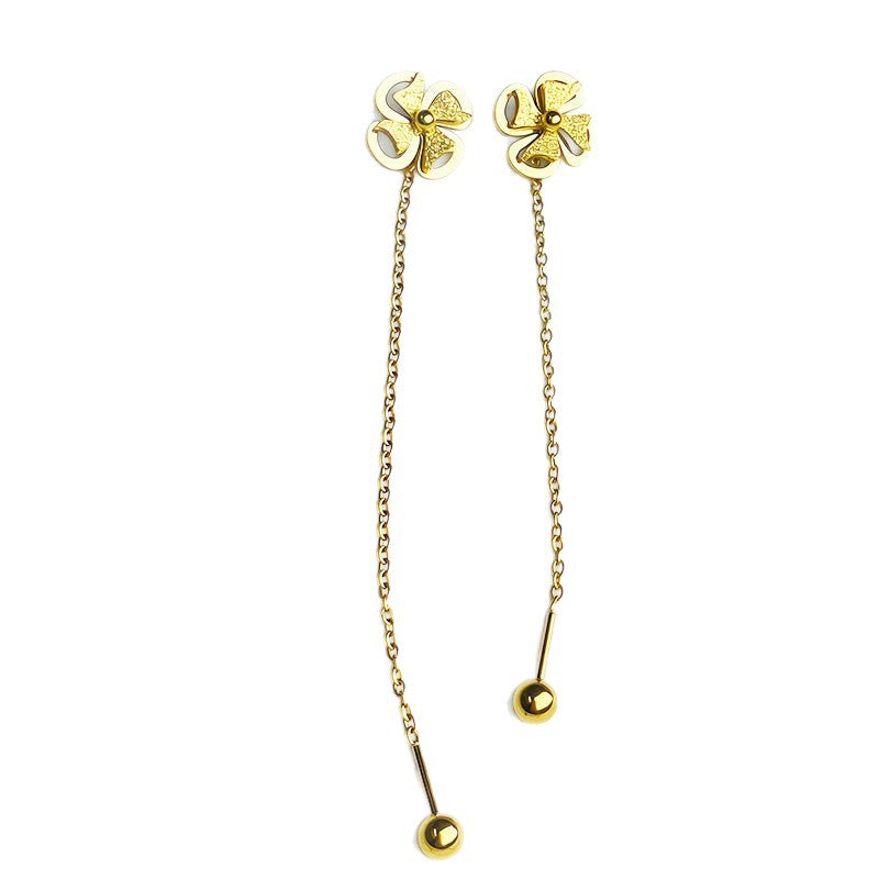 Women's Steel Frosted Gold Clover Lines Rose Temperamental Tassels Stainless Long Ear Line