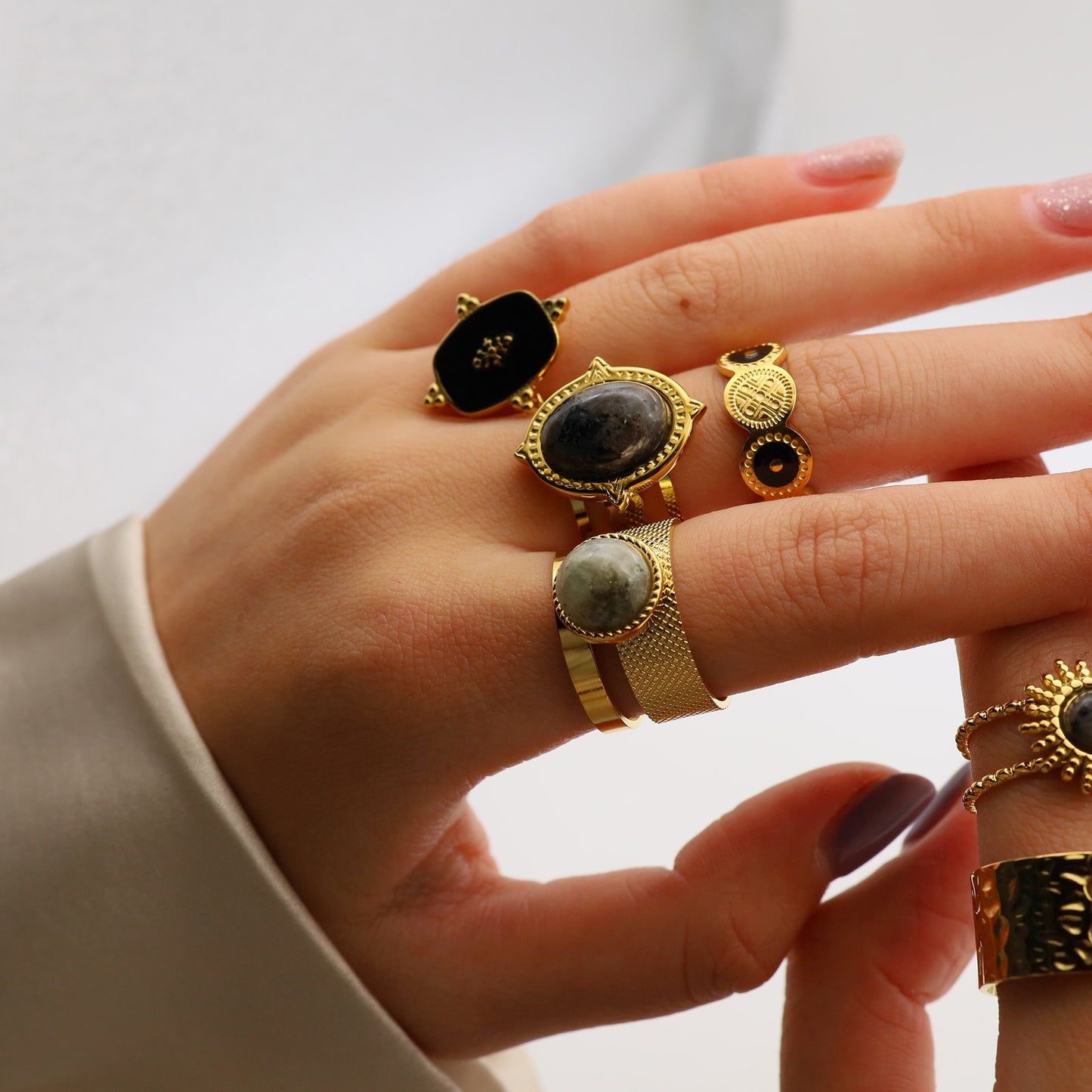 Natural Stone Titanium Steel Vintage Golden Rings