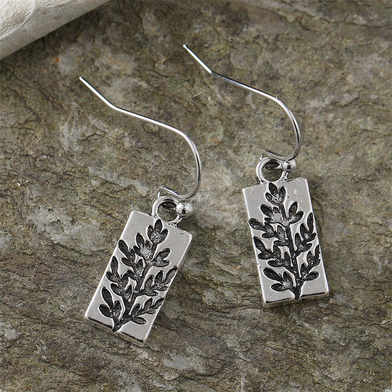 Fashionable Retro Ancient Sier Leaf Square Simple Earrings