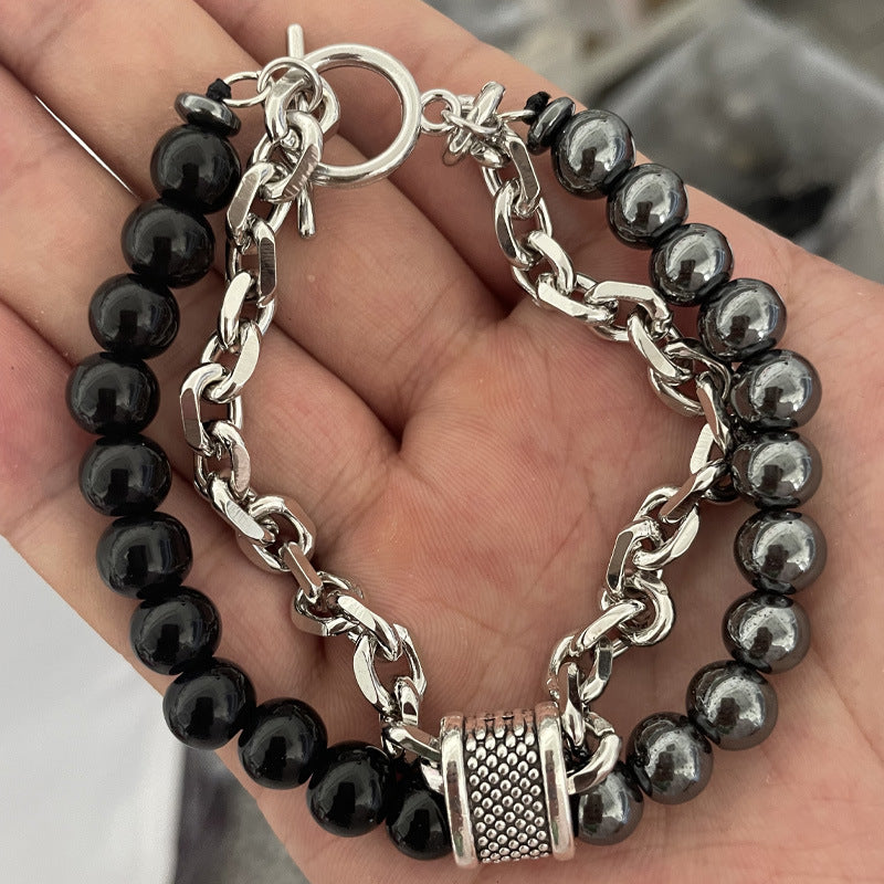 Men's Natural Unique Map Stone Beaded Iron Bracelets