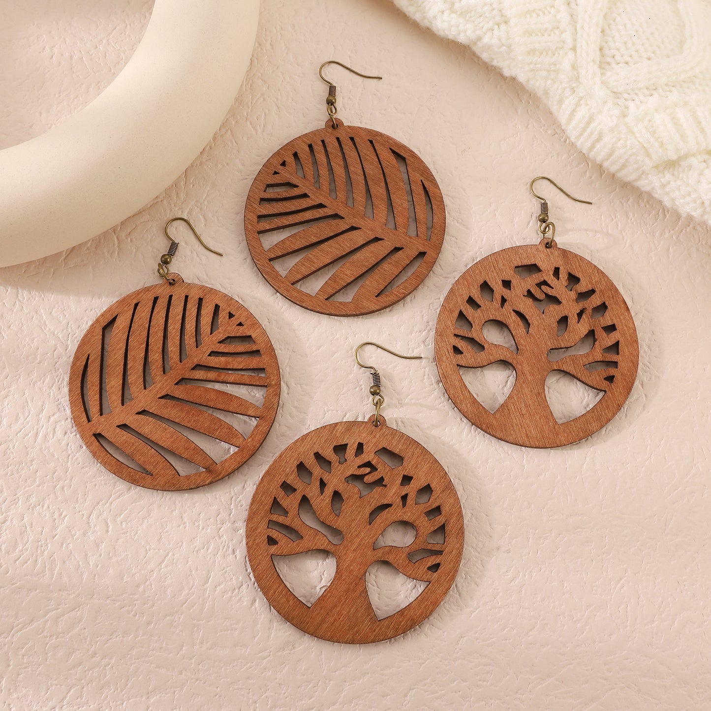 Retro Wood Piece Hollow Lucky Tree Earrings