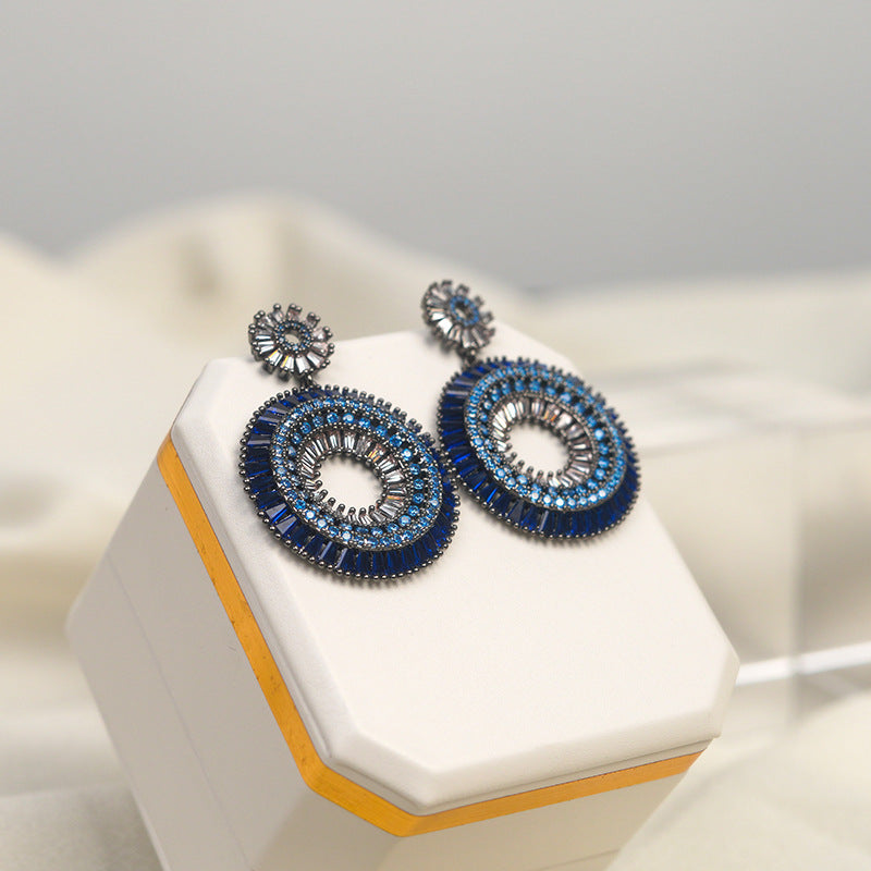 Exaggerated Diamond Round Blue Zircon Personalized Tide Design Sier Stud Earrings