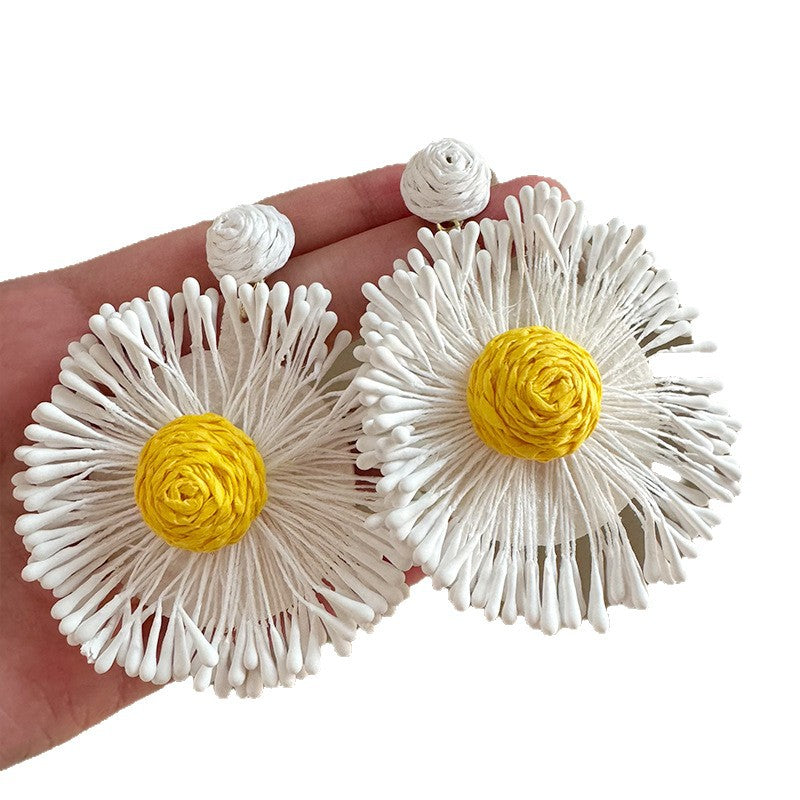 Exaggerated Handmade Raffia Sunflower Unique Travel Earrings