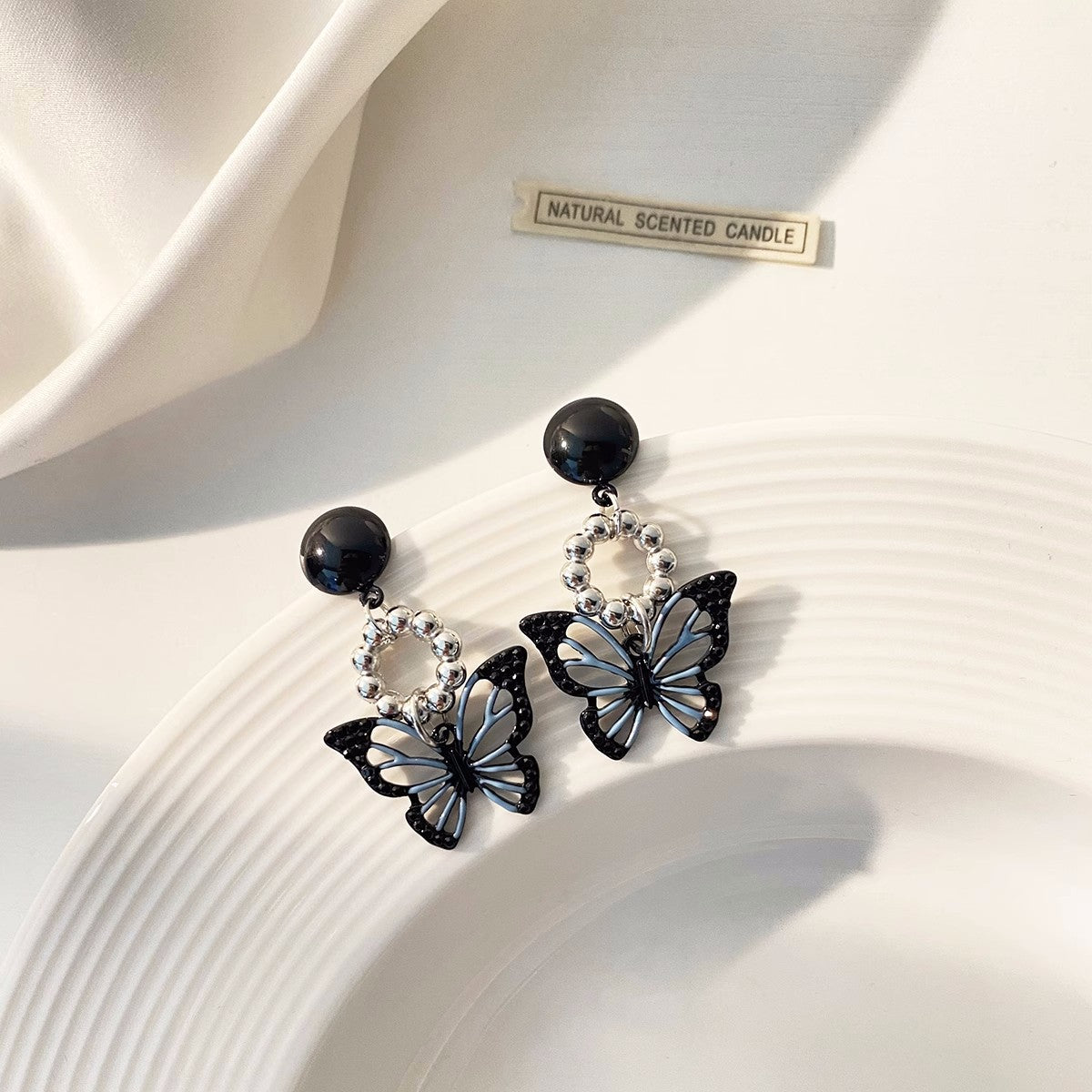 Needle Style Black Blue Butterfly Cool Stud Earrings