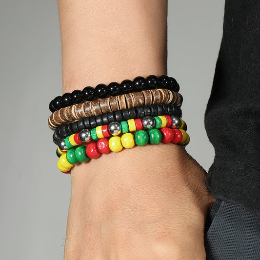 Yellow Green Classic Color Matching Wooden Bead Coconut Shell Elastic Bracelet